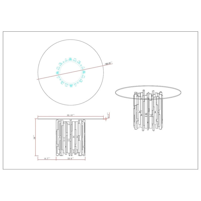 Table ronde contemporaine en verre avec piètement en acier et motif grappe doré