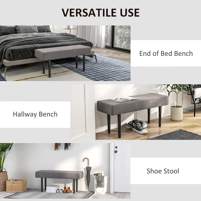 HOMCOM Banc de bout de lit de 99 cm, Banc de couloir rembourré avec pieds en acier, Banc de chambre à coucher, Gris