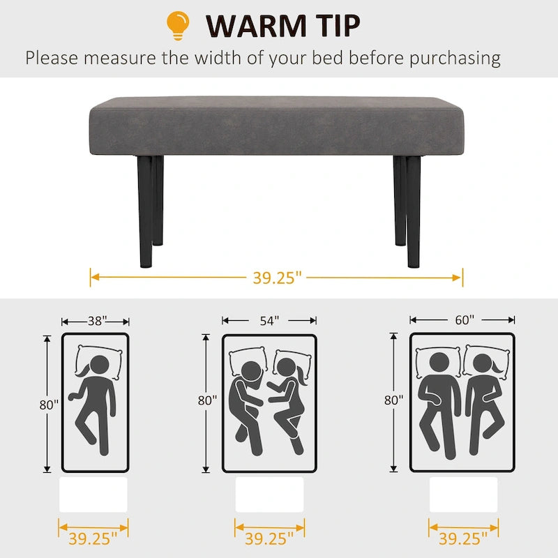 HOMCOM Banc de bout de lit de 99 cm, Banc de couloir rembourré avec pieds en acier, Banc de chambre à coucher, Gris