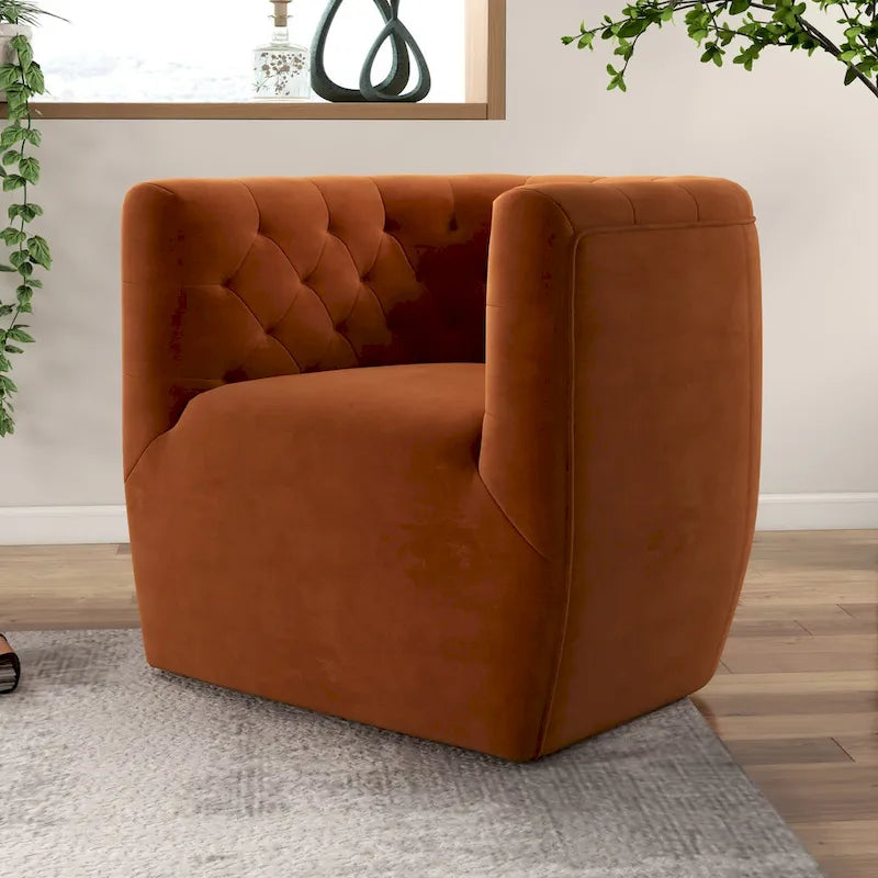 Fauteuil d'appoint pivotant confortable en velours orange brûlé de style Mid-Century Modern