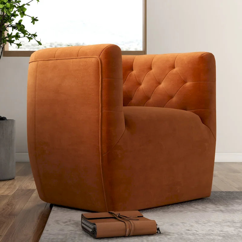 Fauteuil d'appoint pivotant confortable en velours orange brûlé de style Mid-Century Modern