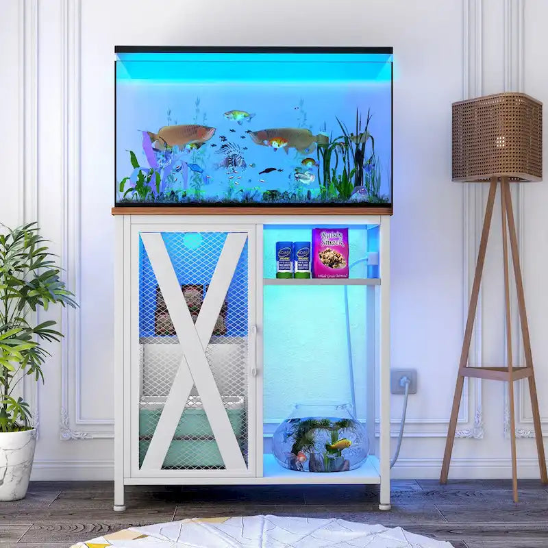 Meuble d'aquarium Moasis avec prises de courant et éclairage RVB 7 couleurs, meuble d'aquarium avec armoire de rangement