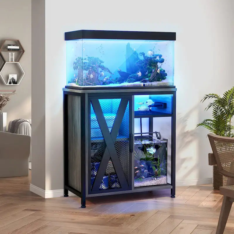 Meuble d'aquarium Moasis avec prises de courant et éclairage RVB 7 couleurs, meuble d'aquarium avec armoire de rangement