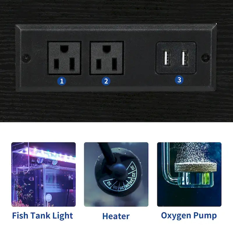 Meuble d'aquarium Moasis avec prises de courant et éclairage RVB 7 couleurs, meuble d'aquarium avec armoire de rangement