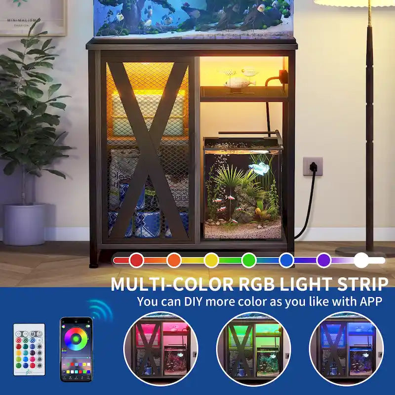 Meuble d'aquarium Moasis avec prises de courant et éclairage RVB 7 couleurs, meuble d'aquarium avec armoire de rangement