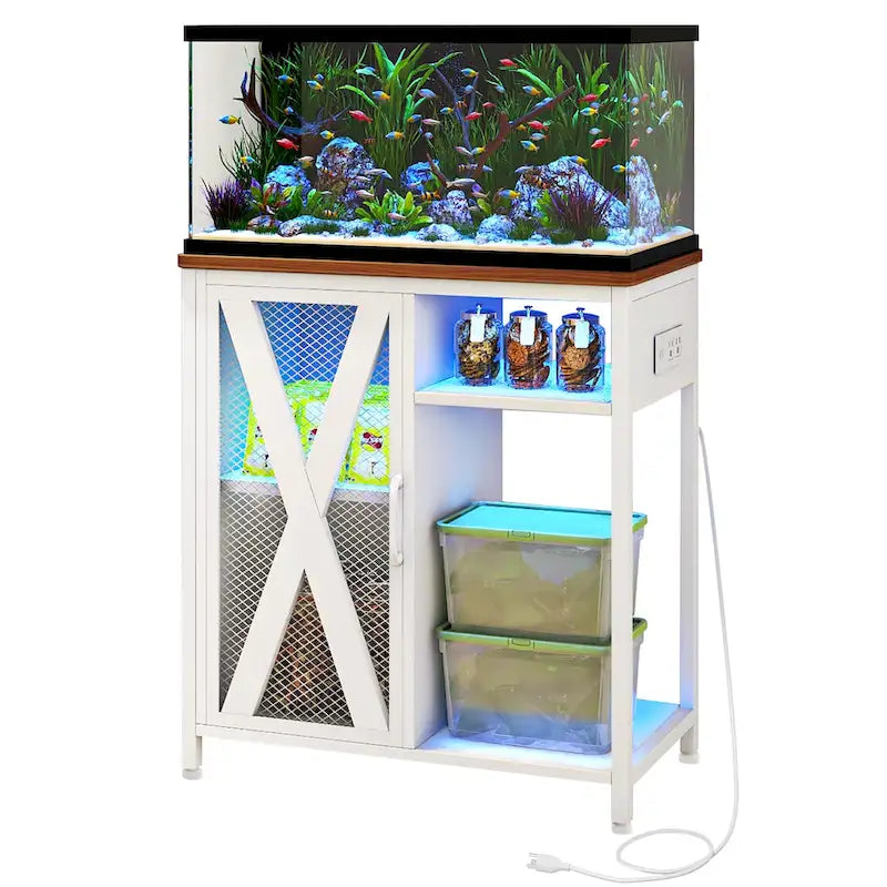 Meuble d'aquarium Moasis avec prises de courant et éclairage RVB 7 couleurs, meuble d'aquarium avec armoire de rangement