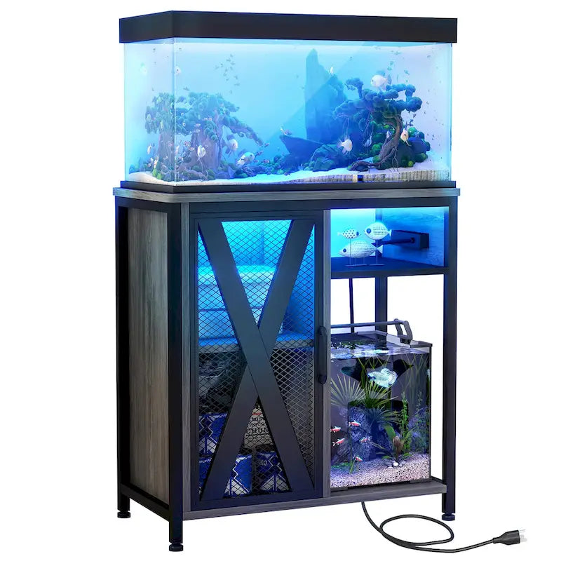 Meuble d'aquarium Moasis avec prises de courant et éclairage RVB 7 couleurs, meuble d'aquarium avec armoire de rangement