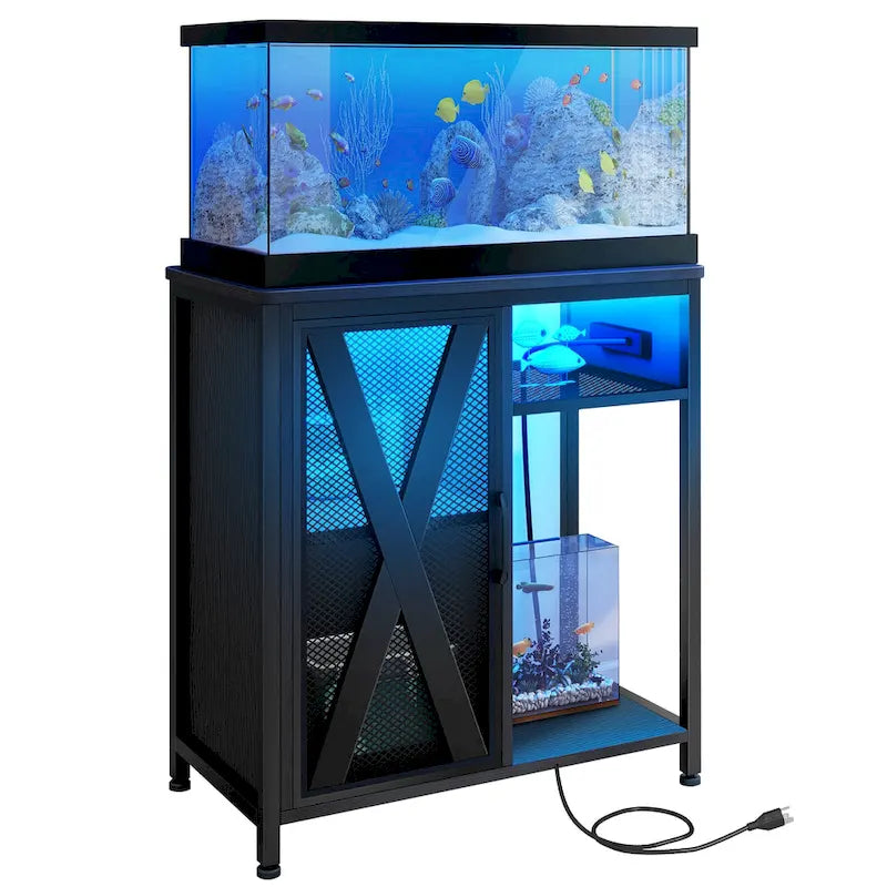Meuble d'aquarium Moasis avec prises de courant et éclairage RVB 7 couleurs, meuble d'aquarium avec armoire de rangement