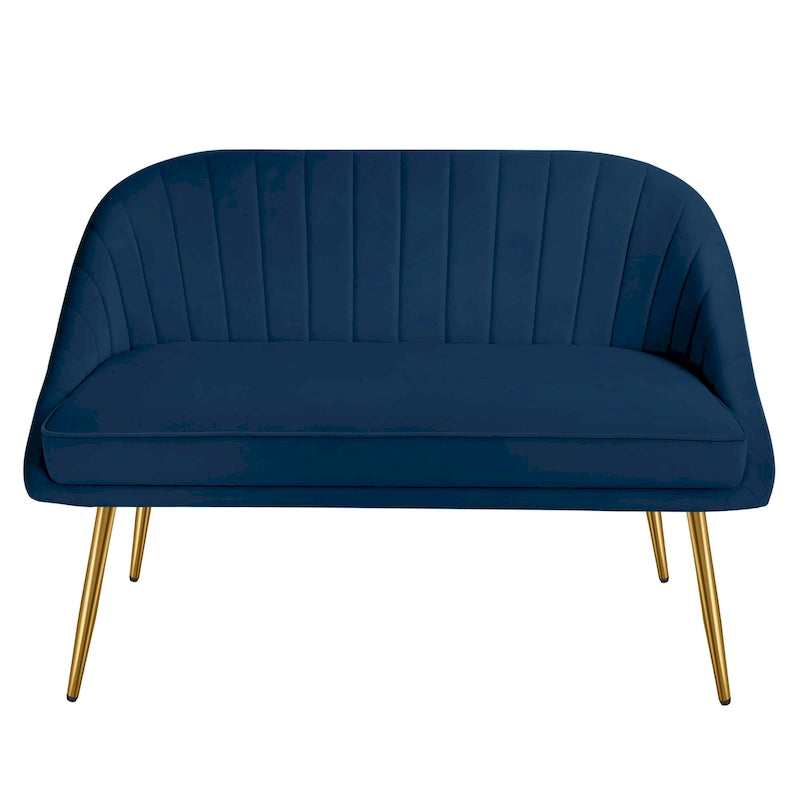 Canapé deux places contemporain capitonné avec pieds en métal doré pour salon ou chambre à coucher