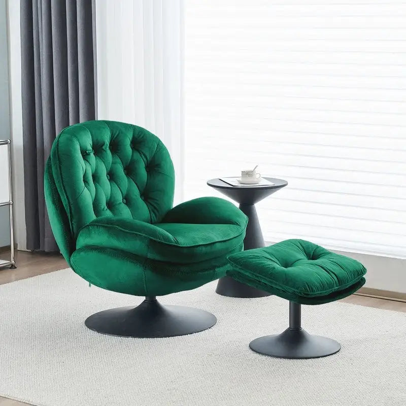 Fauteuil d'appoint pivotant en velours avec pouf Ensemble fauteuil de lecture rond avec repose-pieds, pivotant à 360°, cadre métallique