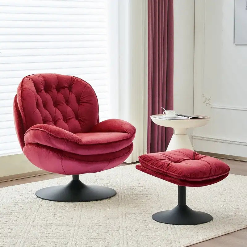 Fauteuil d'appoint pivotant en velours avec pouf Ensemble fauteuil de lecture rond avec repose-pieds, pivotant à 360°, cadre métallique