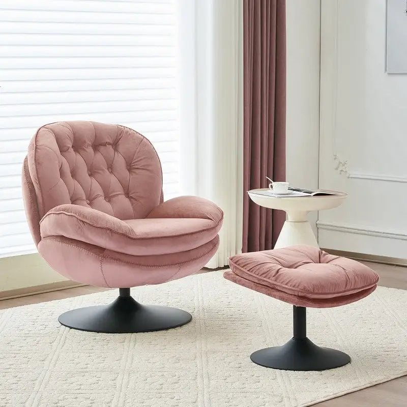 Fauteuil d'appoint pivotant en velours avec pouf Ensemble fauteuil de lecture rond avec repose-pieds, pivotant à 360°, cadre métallique