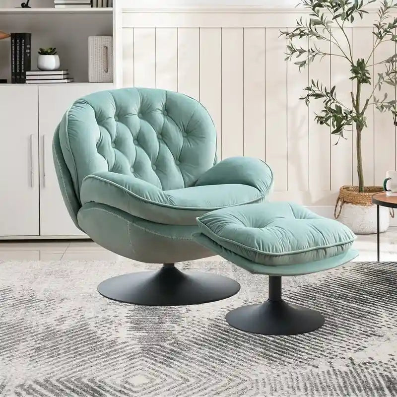 Fauteuil d'appoint pivotant en velours avec pouf Ensemble fauteuil de lecture rond avec repose-pieds, pivotant à 360°, cadre métallique