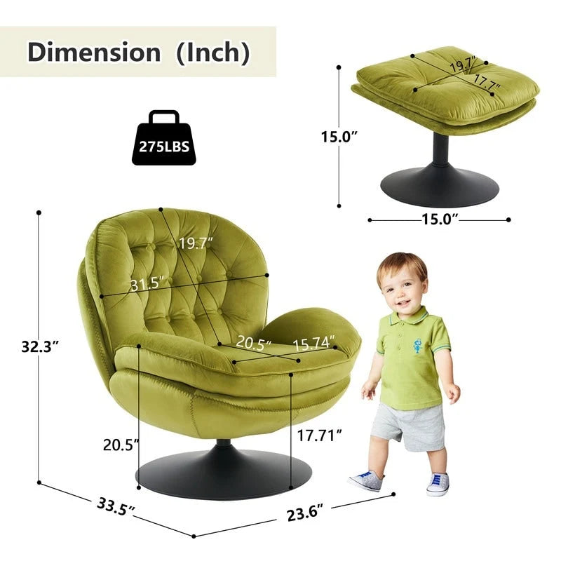 Fauteuil d'appoint pivotant en velours avec pouf Ensemble fauteuil de lecture rond avec repose-pieds, pivotant à 360°, cadre métallique