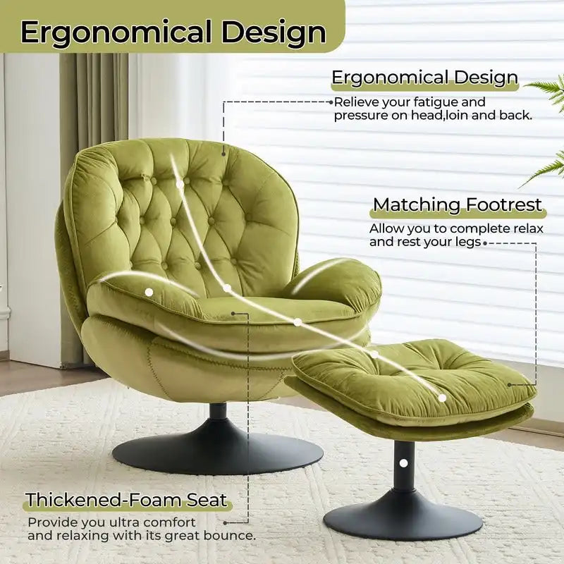 Fauteuil d'appoint pivotant en velours avec pouf Ensemble fauteuil de lecture rond avec repose-pieds, pivotant à 360°, cadre métallique