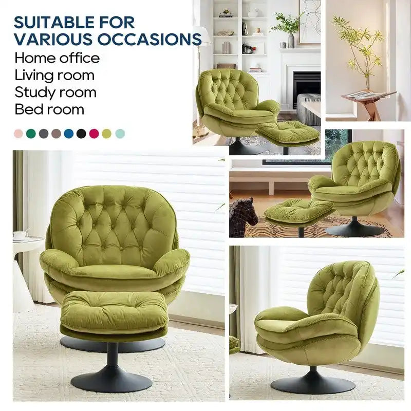 Fauteuil d'appoint pivotant en velours avec pouf Ensemble fauteuil de lecture rond avec repose-pieds, pivotant à 360°, cadre métallique