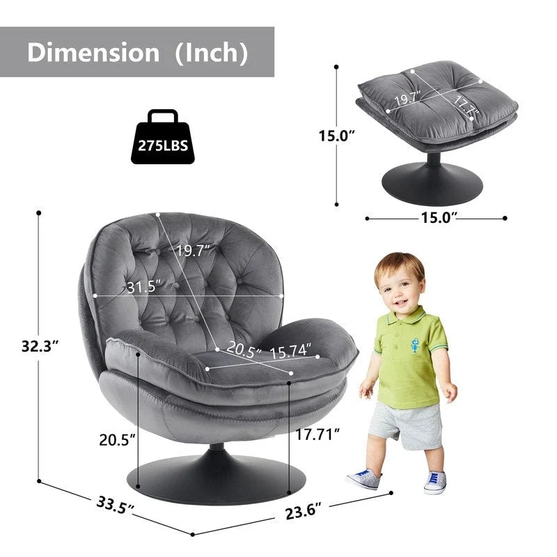 Fauteuil d'appoint pivotant en velours avec pouf Ensemble fauteuil de lecture rond avec repose-pieds, pivotant à 360°, cadre métallique