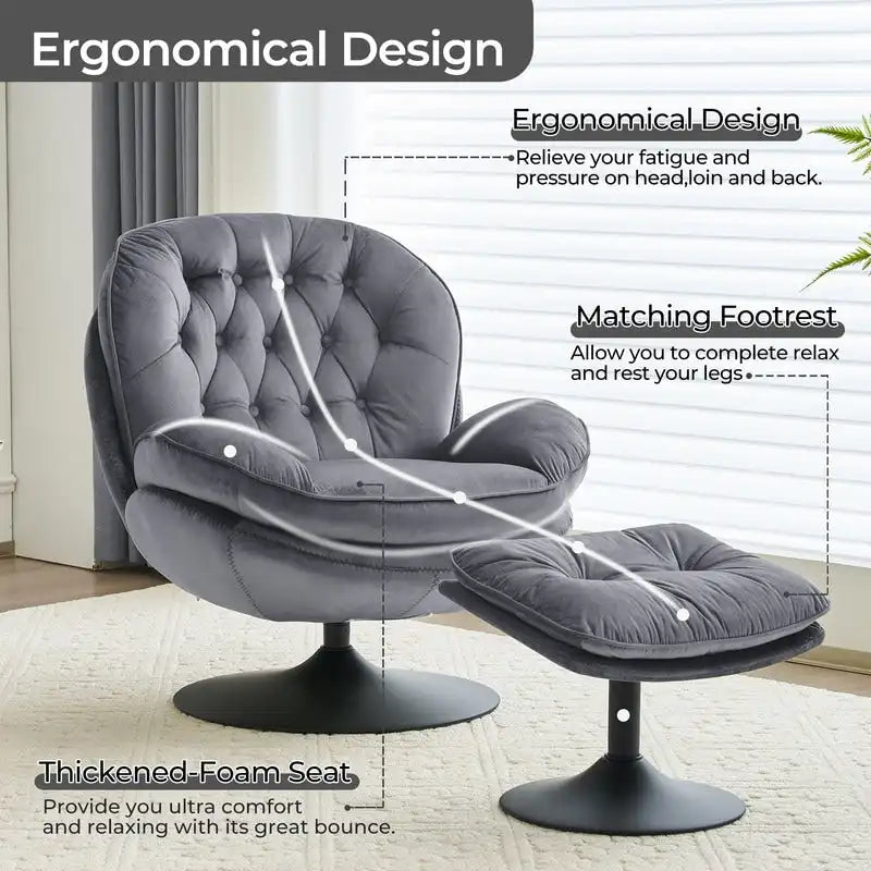 Fauteuil d'appoint pivotant en velours avec pouf Ensemble fauteuil de lecture rond avec repose-pieds, pivotant à 360°, cadre métallique