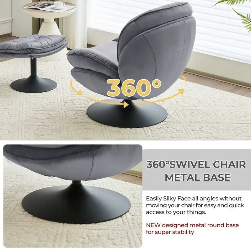 Fauteuil d'appoint pivotant en velours avec pouf Ensemble fauteuil de lecture rond avec repose-pieds, pivotant à 360°, cadre métallique