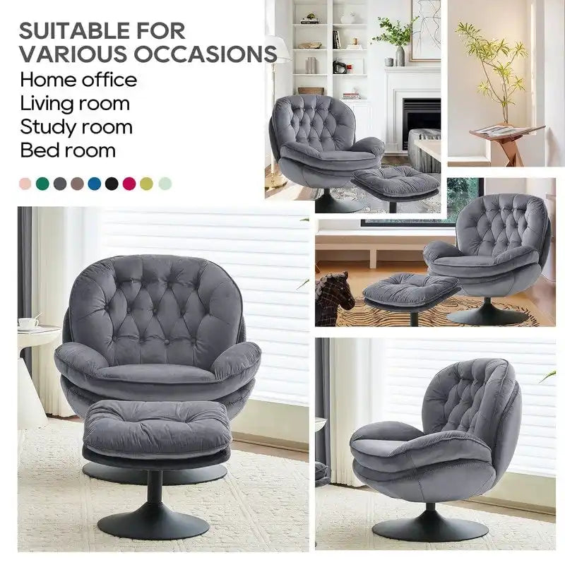 Fauteuil d'appoint pivotant en velours avec pouf Ensemble fauteuil de lecture rond avec repose-pieds, pivotant à 360°, cadre métallique