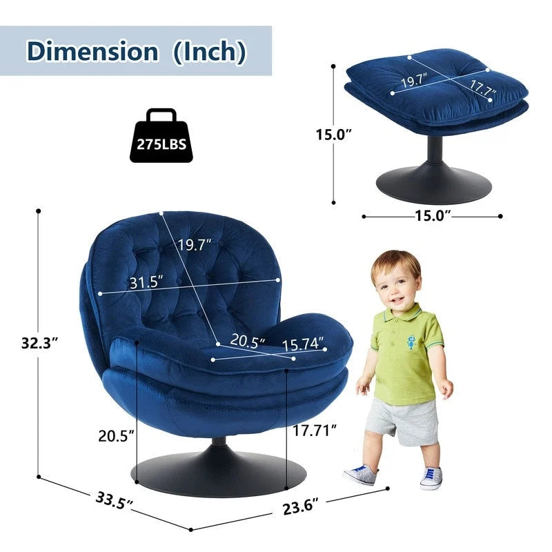 Fauteuil d'appoint pivotant en velours avec pouf Ensemble fauteuil de lecture rond avec repose-pieds, pivotant à 360°, cadre métallique