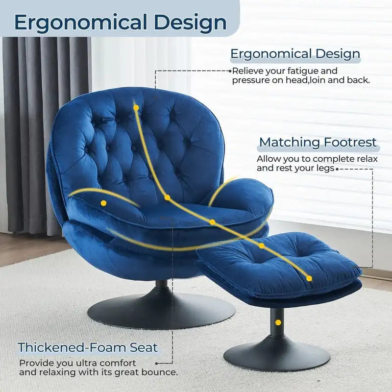 Fauteuil d'appoint pivotant en velours avec pouf Ensemble fauteuil de lecture rond avec repose-pieds, pivotant à 360°, cadre métallique