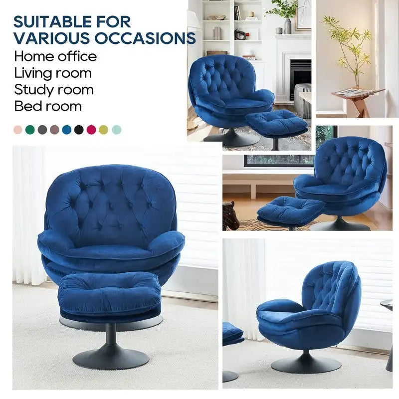 Fauteuil d'appoint pivotant en velours avec pouf Ensemble fauteuil de lecture rond avec repose-pieds, pivotant à 360°, cadre métallique