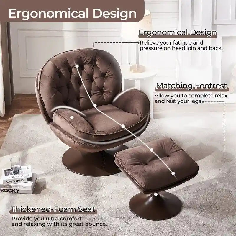Fauteuil d'appoint pivotant en velours avec pouf Ensemble fauteuil de lecture rond avec repose-pieds, pivotant à 360°, cadre métallique