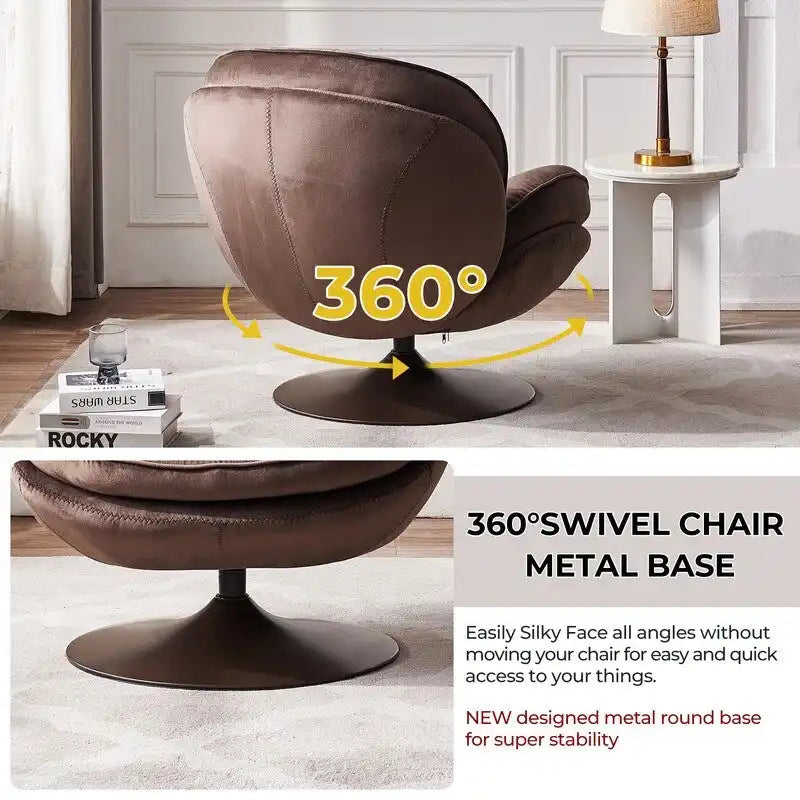 Fauteuil d'appoint pivotant en velours avec pouf Ensemble fauteuil de lecture rond avec repose-pieds, pivotant à 360°, cadre métallique