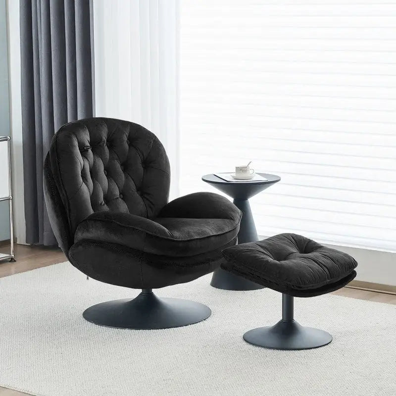 Fauteuil d'appoint pivotant en velours avec pouf Ensemble fauteuil de lecture rond avec repose-pieds, pivotant à 360°, cadre métallique