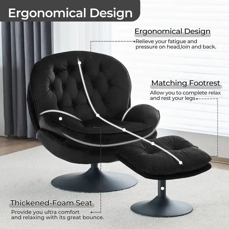 Fauteuil d'appoint pivotant en velours avec pouf Ensemble fauteuil de lecture rond avec repose-pieds, pivotant à 360°, cadre métallique