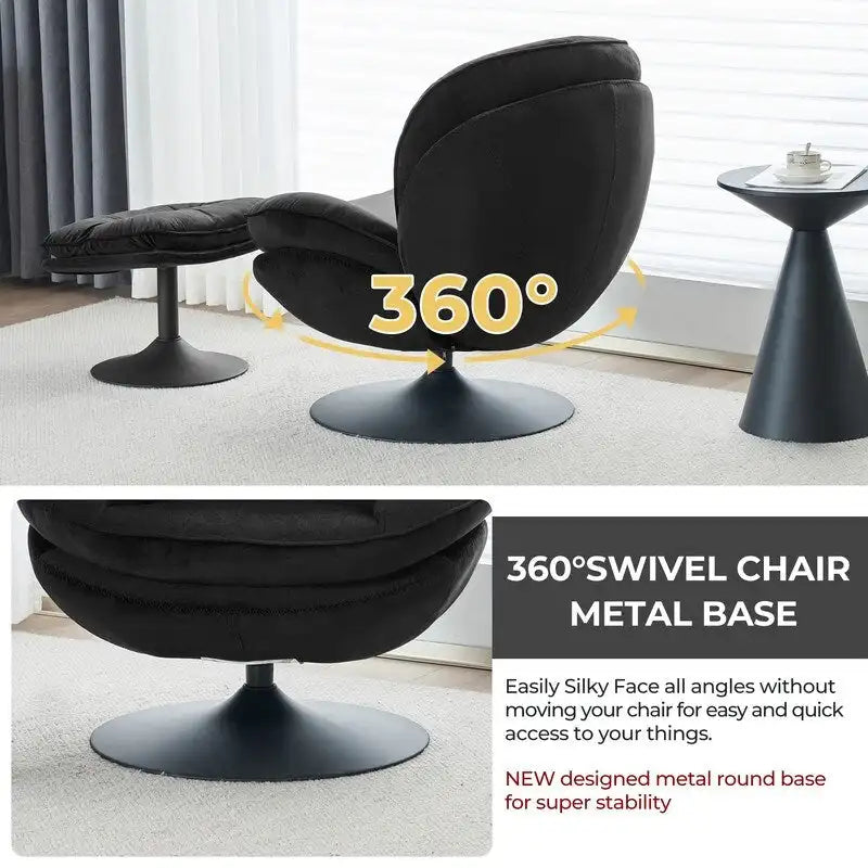 Fauteuil d'appoint pivotant en velours avec pouf Ensemble fauteuil de lecture rond avec repose-pieds, pivotant à 360°, cadre métallique