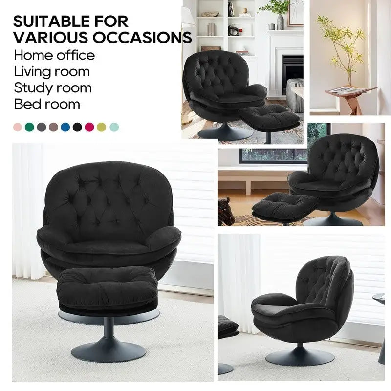Fauteuil d'appoint pivotant en velours avec pouf Ensemble fauteuil de lecture rond avec repose-pieds, pivotant à 360°, cadre métallique