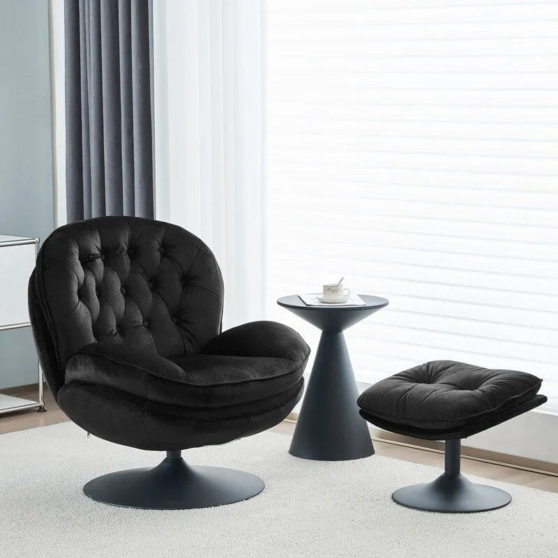 Fauteuil d'appoint pivotant en velours avec pouf Ensemble fauteuil de lecture rond avec repose-pieds, pivotant à 360°, cadre métallique