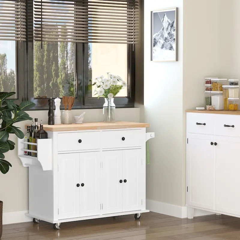 HOMCOM Chariot de cuisine roulant avec plateau en bois d'hévéa, porte-épices, porte-serviettes et tiroirs pour salle à manger