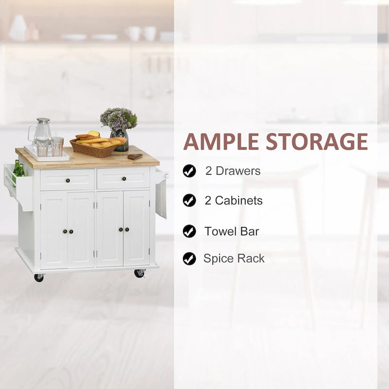HOMCOM Chariot de cuisine roulant avec plateau en bois d'hévéa, porte-épices, porte-serviettes et tiroirs pour salle à manger