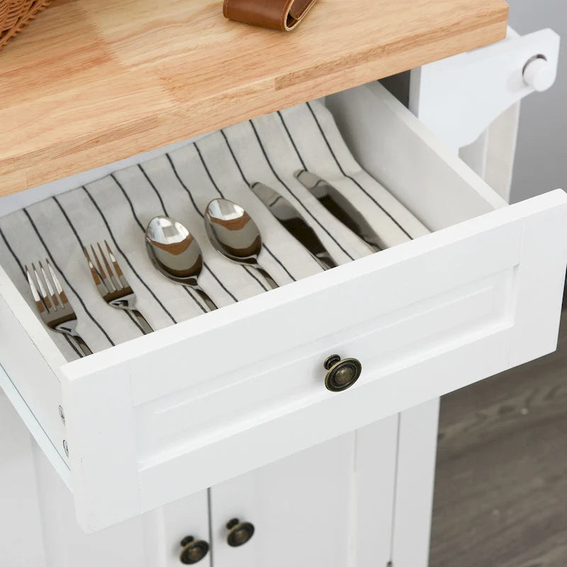 HOMCOM Chariot de cuisine roulant avec plateau en bois d'hévéa, porte-épices, porte-serviettes et tiroirs pour salle à manger