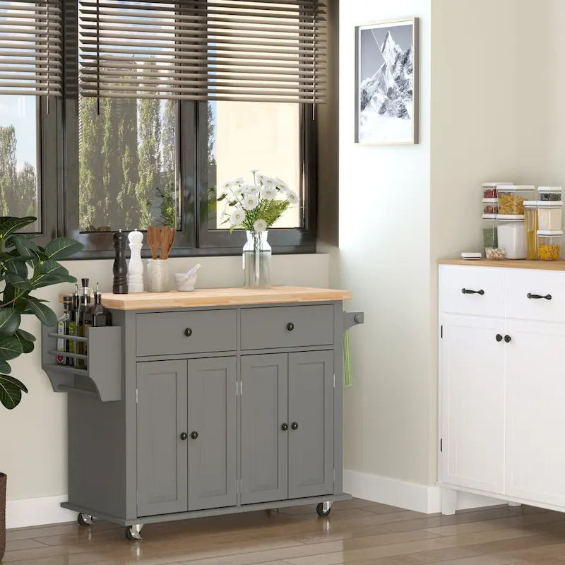 HOMCOM Chariot de cuisine roulant avec plateau en bois d'hévéa, porte-épices, porte-serviettes et tiroirs pour salle à manger
