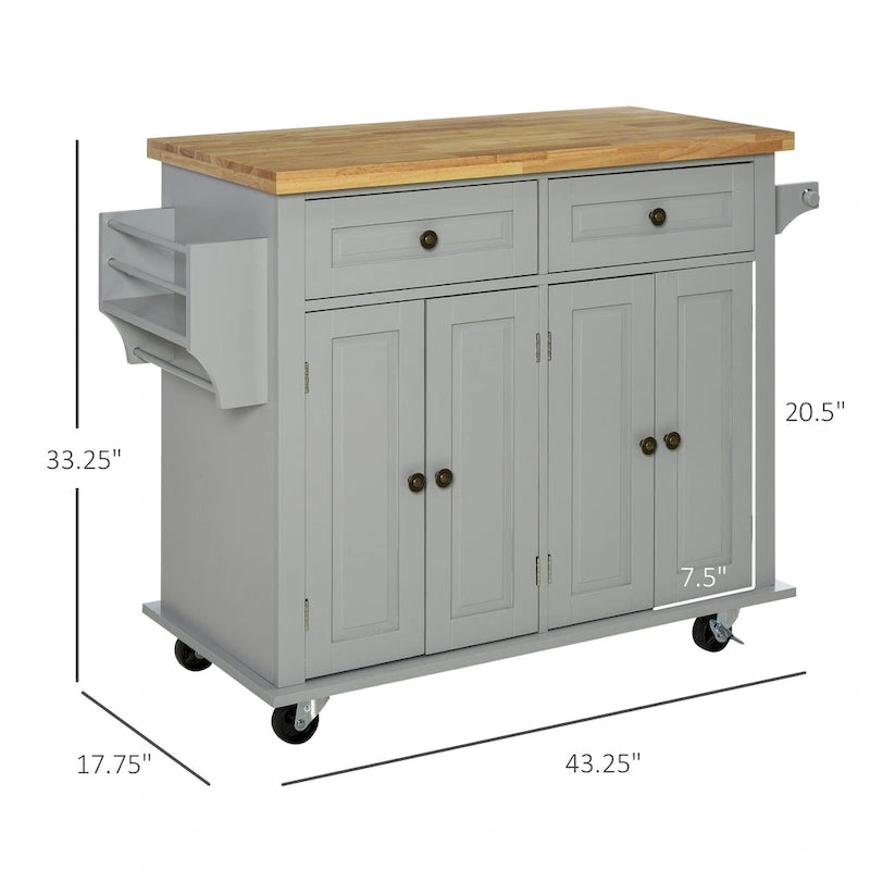 HOMCOM Chariot de cuisine roulant avec plateau en bois d'hévéa, porte-épices, porte-serviettes et tiroirs pour salle à manger