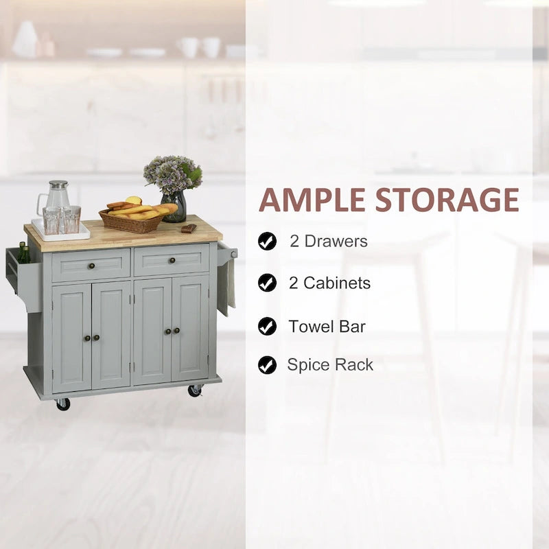 HOMCOM Chariot de cuisine roulant avec plateau en bois d'hévéa, porte-épices, porte-serviettes et tiroirs pour salle à manger