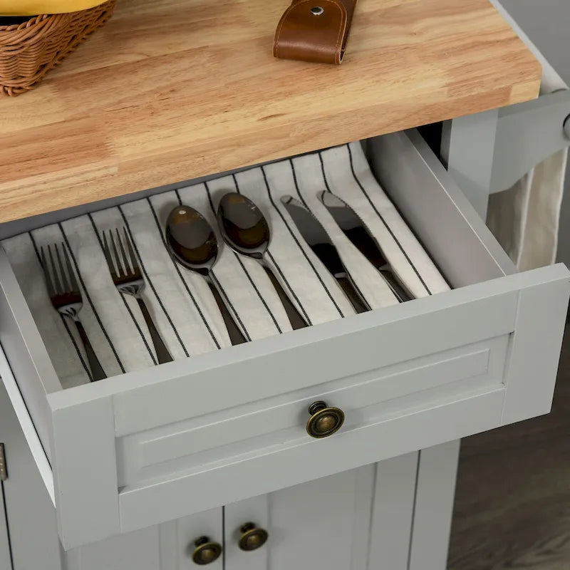 HOMCOM Chariot de cuisine roulant avec plateau en bois d'hévéa, porte-épices, porte-serviettes et tiroirs pour salle à manger