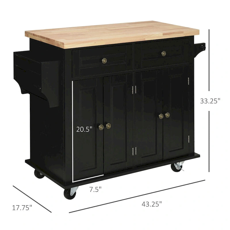 HOMCOM Chariot de cuisine roulant avec plateau en bois d'hévéa, porte-épices, porte-serviettes et tiroirs pour salle à manger