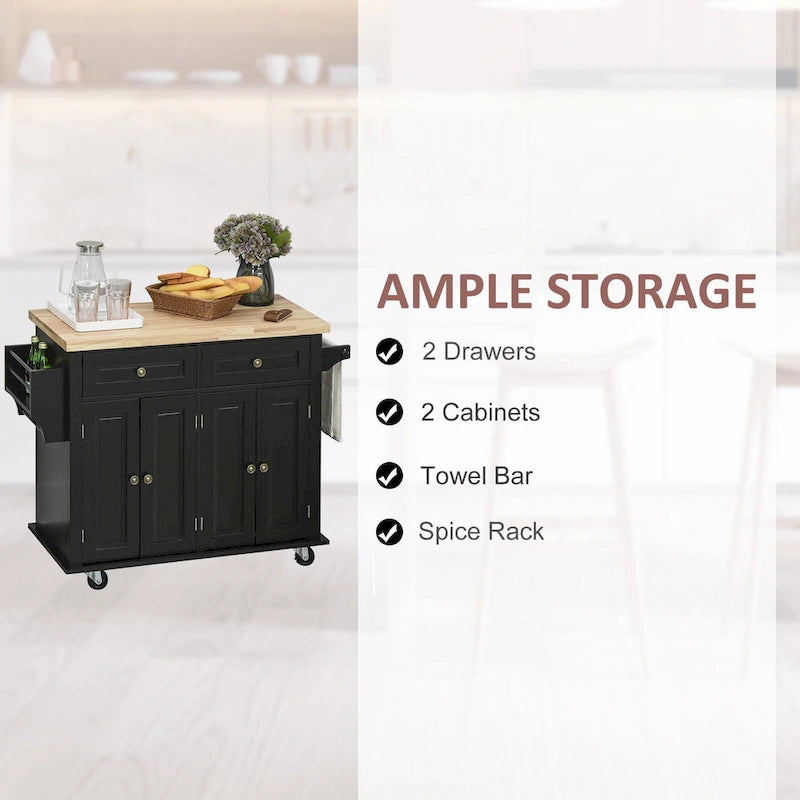 HOMCOM Chariot de cuisine roulant avec plateau en bois d'hévéa, porte-épices, porte-serviettes et tiroirs pour salle à manger