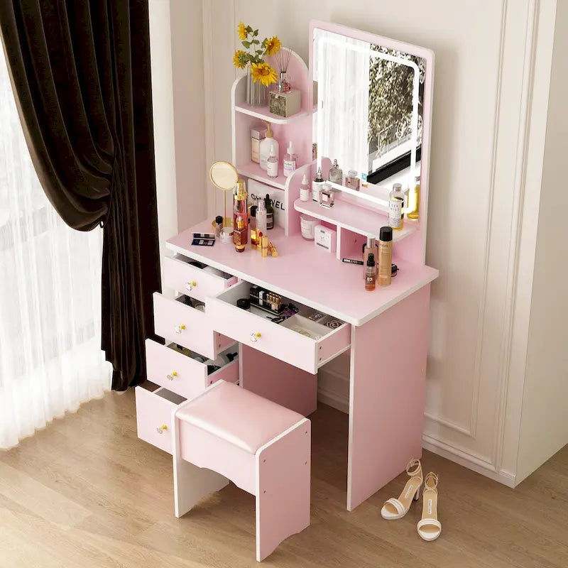 Coiffeuse avec miroir lumineux, étagères de rangement et tiroirs Blanc - 80L x 40l x 140H