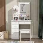 Makeup Vanity Set wi/Lighted Mirror, Storage Shelves and Drawers White - 31.5L x 15.7W x 55.1H