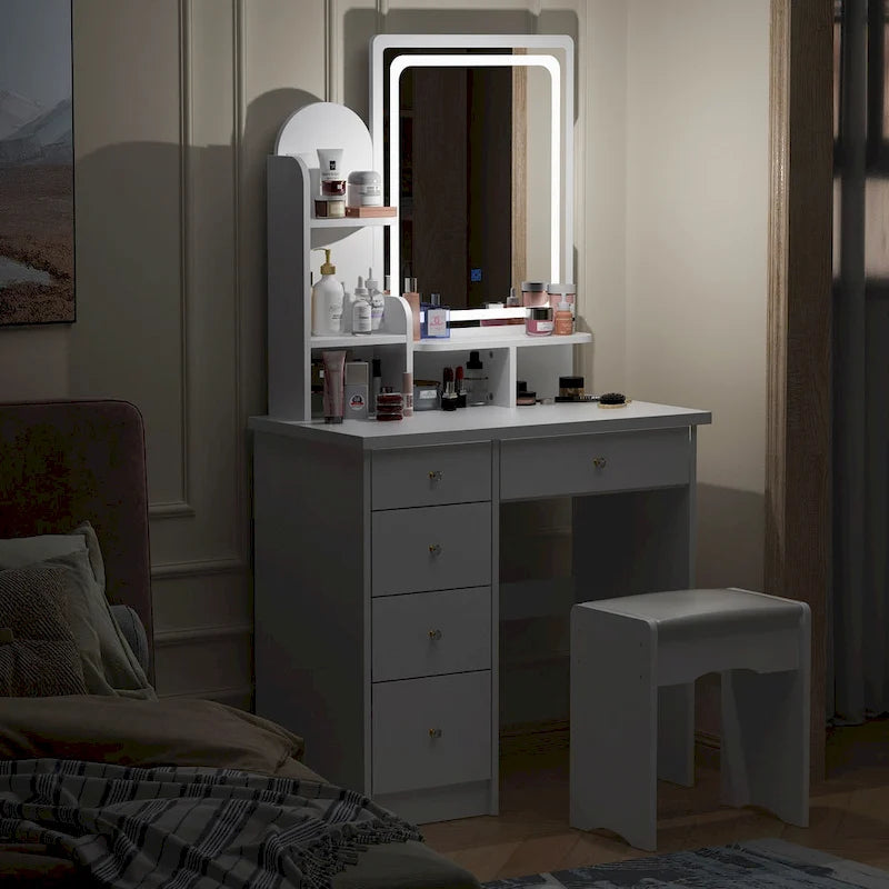 Coiffeuse avec miroir lumineux, étagères de rangement et tiroirs Blanc - 80L x 40l x 140H