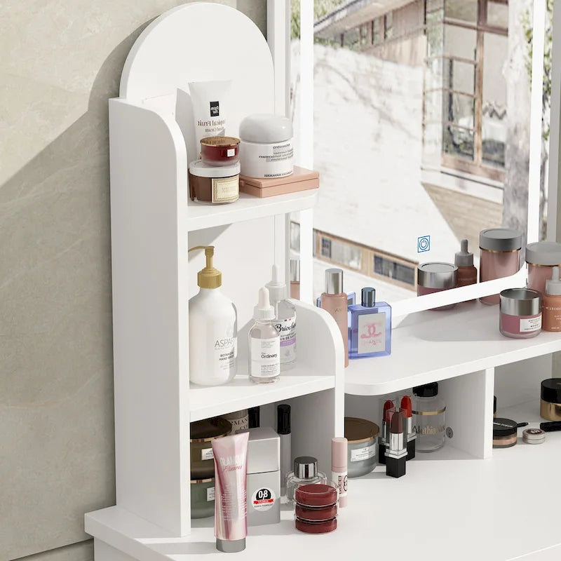 Coiffeuse avec miroir lumineux, étagères de rangement et tiroirs Blanc - 80L x 40l x 140H