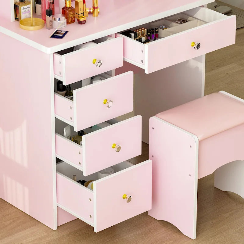Coiffeuse avec miroir lumineux, étagères de rangement et tiroirs Blanc - 80L x 40l x 140H