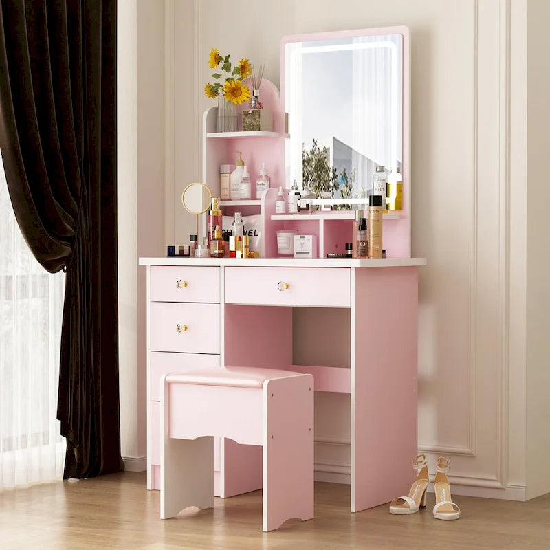Coiffeuse avec miroir lumineux, étagères de rangement et tiroirs Blanc - 80L x 40l x 140H