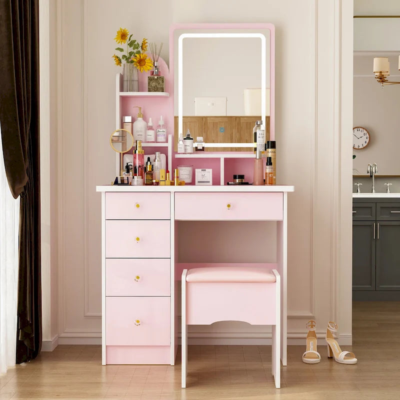 Coiffeuse avec miroir lumineux, étagères de rangement et tiroirs Blanc - 80L x 40l x 140H